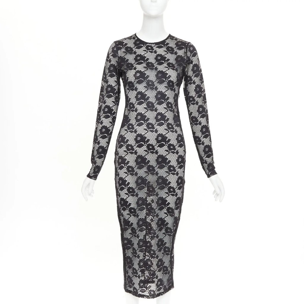 Fleur Du Mal Black Lattice Floral Lace Mesh Crew Neck Long Sleeve Midi Dress S, Women's
