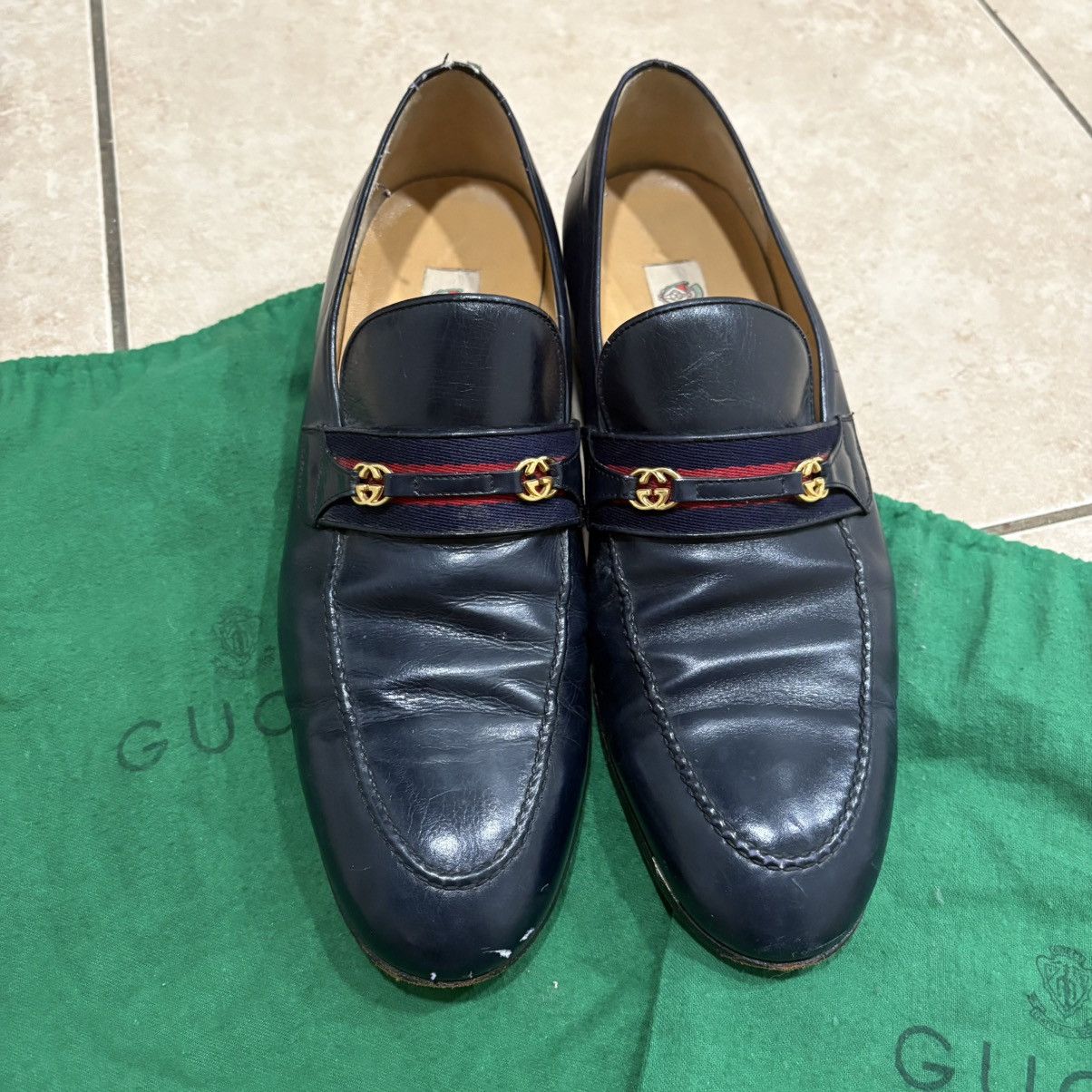 Vintage Gucci Horsebit Loafers Navy Leather Web Stripe Gbit in Blue, Men's (Size 12)