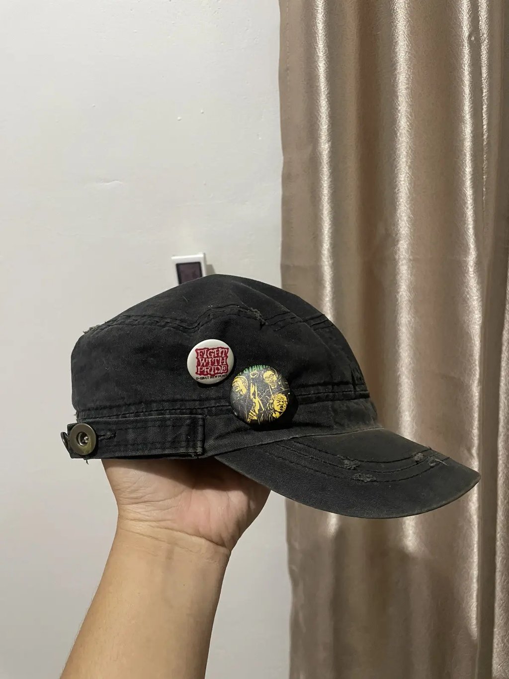 2000s Cadet Hat Japan Punk Poem Distressed Y2K Style in Black, Men's