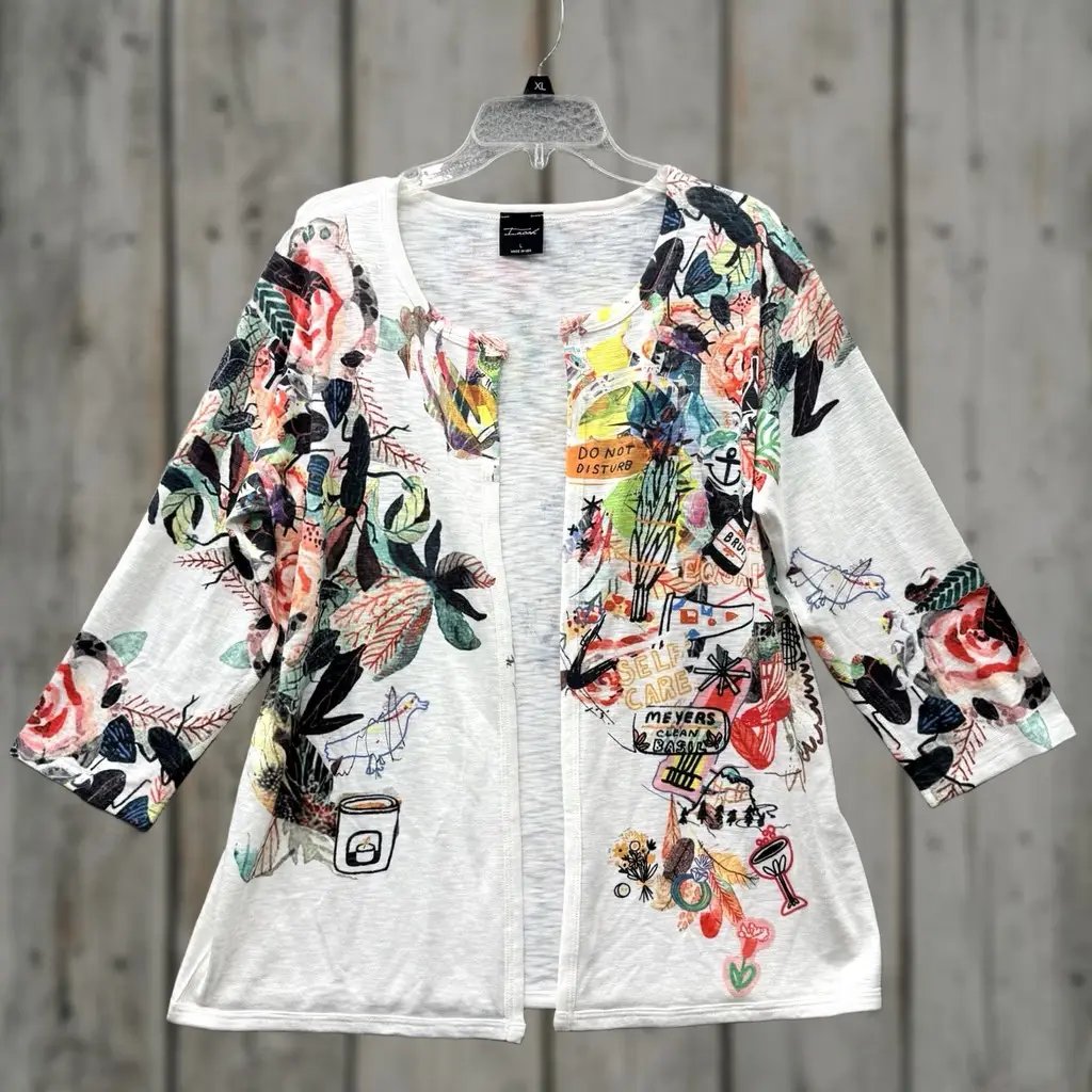 Inoah Cardigan Top Women L Multicolor Graphic Print Art To Wear Open Front Long Sleeve, Women's