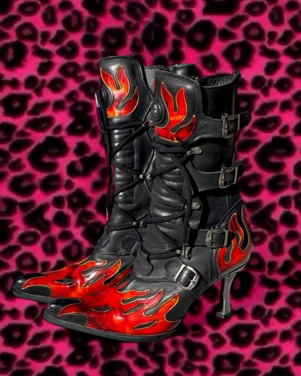 Vintage Early 2000’s New Rock Flame Chrome Stiletto Boots in Black, Women's (Size 7.5)
