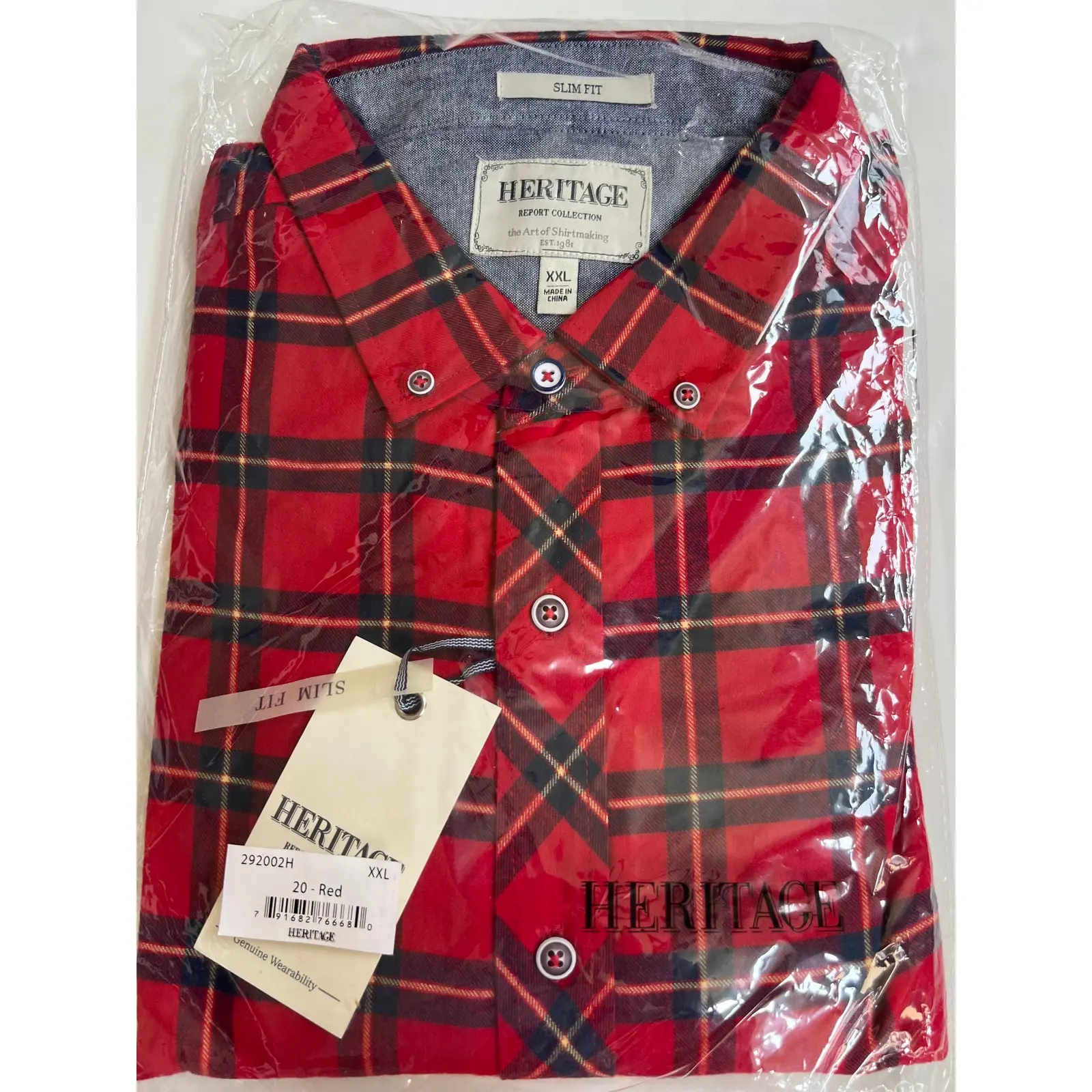 Report Collection Plaid Flannel Slim Fit Sport Shirt Size2Xl in Red, Men's