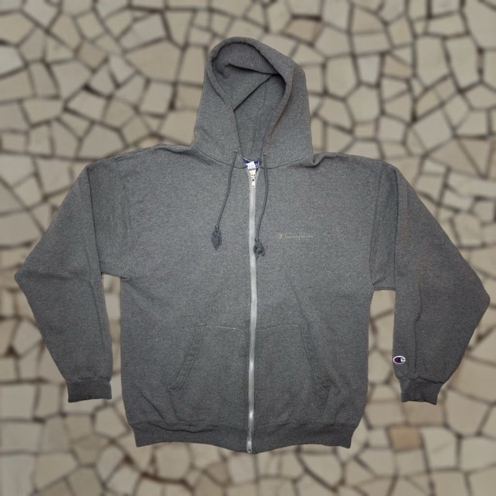 Vintage Champion Hoodie Sweatshirt Men Large Gray 90's Faded Sports Logo Zipper in Grey