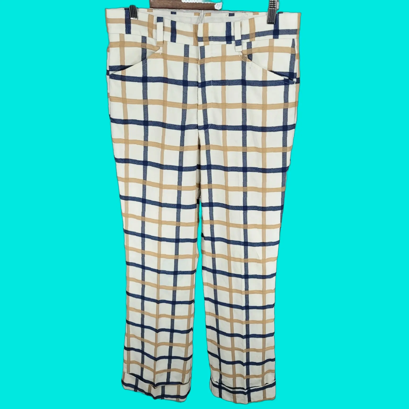 Vintage Farah Men’S Pants Blue Tan Check Straight Leg Cuffed 32X33 Retro Dress Trousers Mens