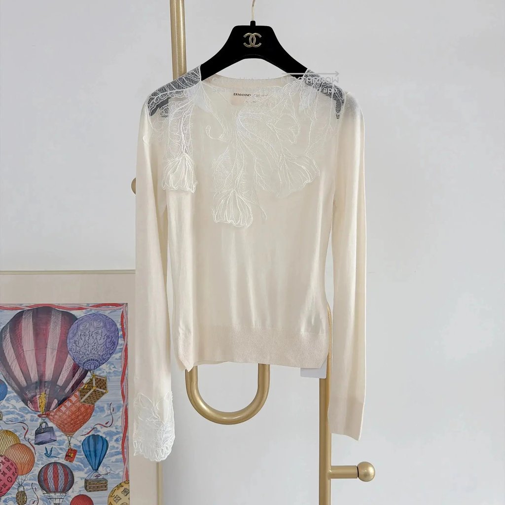 Es Beige Lace Knit Pullover Women's Size 38, Women's (Size Xs)