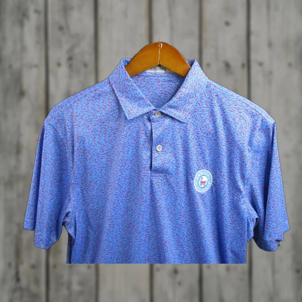 Peter Millar Polo Shirt Mens Medium Featherweight Whale Graphic Print Nautical Uv Protect Lightweight Golf Polo Blue M Mens