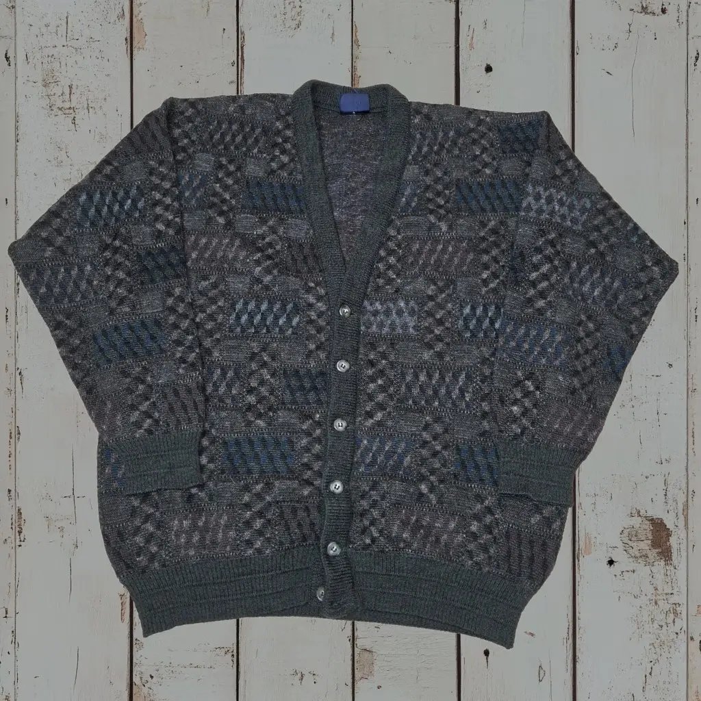 Hombre Cardigan Mens 1XL Green Wool Blend Knit Geometric Sweater V-Neck Classic, Men's