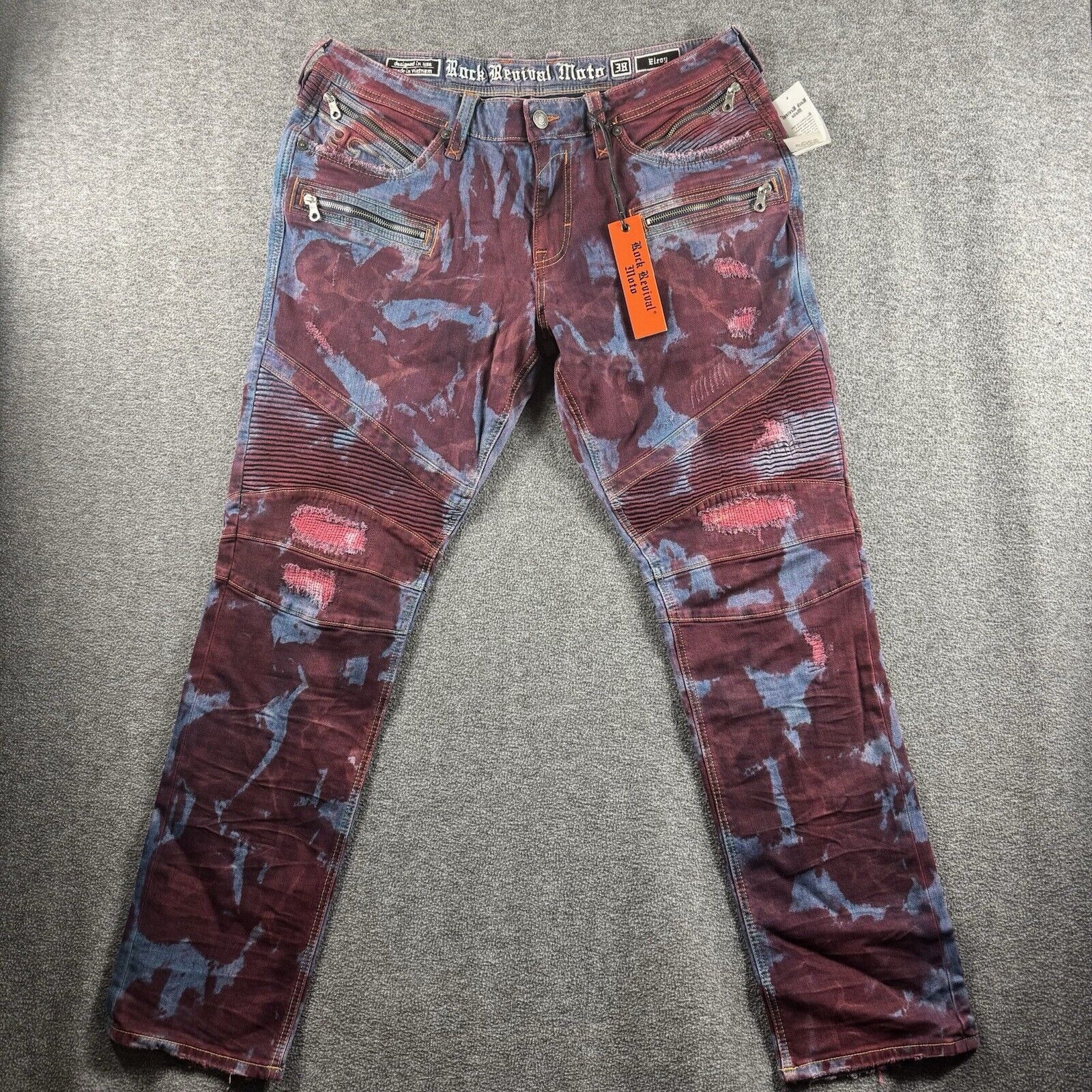 Rock Revival Elroy Moto Mens Acid Wash Jeans Pant Size 38 X 34