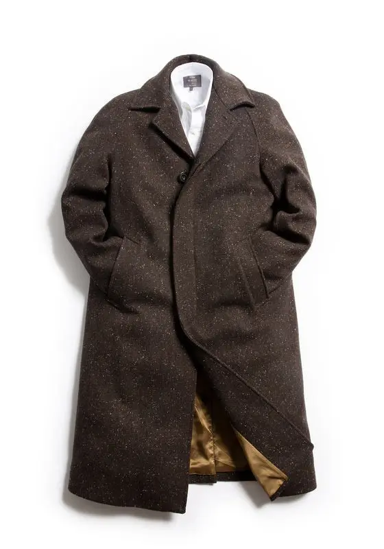 Private White V C Permanent Style Brown Donegal Overcoat, Men's (Size Large)