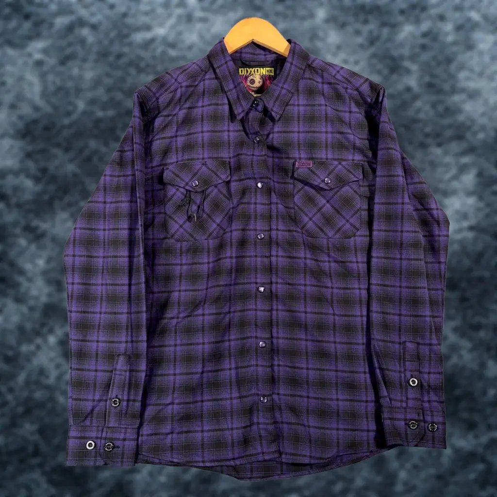 Dixxon Flannel Shirt Womens 1XL Purple Black Plaid Button Snap Voodoo Nwot, Women's