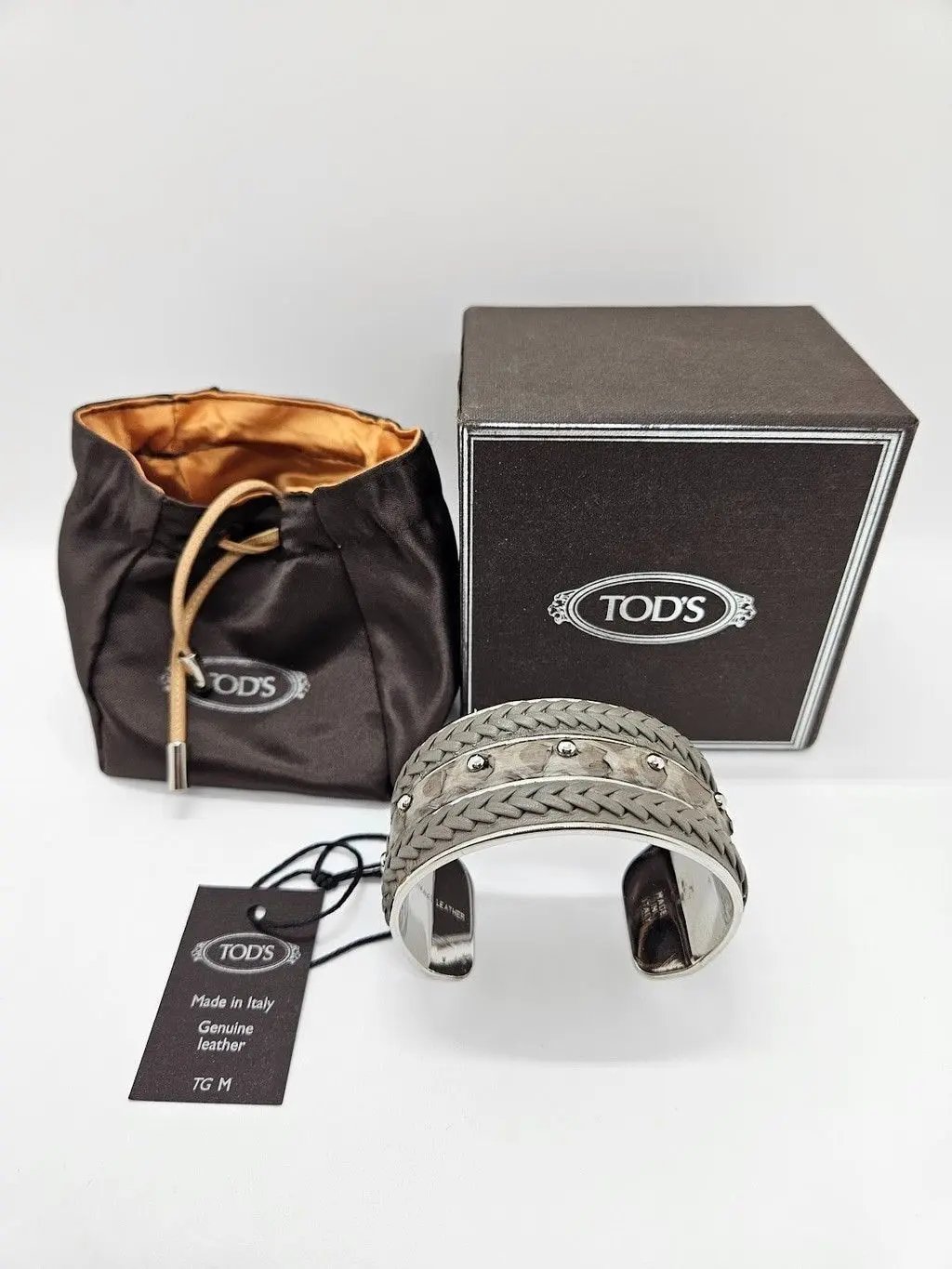 Tod’s Gray Woven Leather Snakeskin Studs Cuff Bracelet, Women's