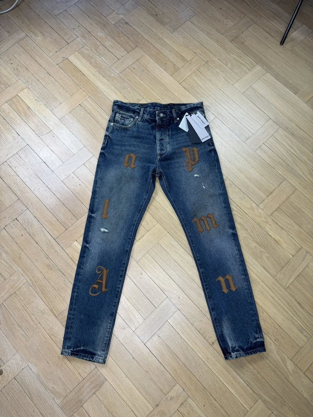 Palm Angels Patched Letters Jeans in Gray, Men's (Size 30)