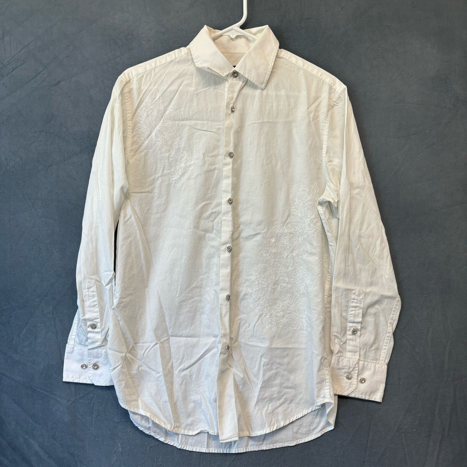 Alfani Crystal Button Studded Shirt Embroider Floral Western in White, Men's (Size Small)