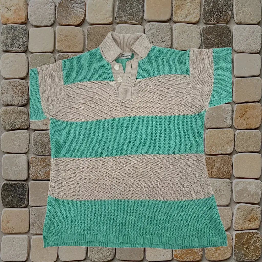 Drole De Monsieur Polo Shirt Men S Mint Beige Striped Knit Mesh Short Sleeve Resort, Men's