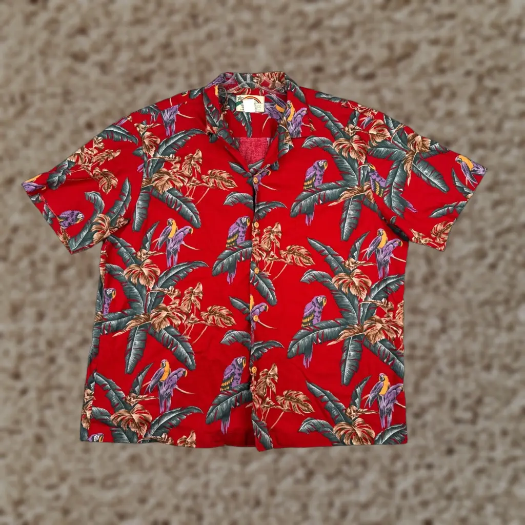 Vintage Paradise Found Shirt Men 2Xl Red Hawaiian Cotton Floral Short Sleeve Palm Parrots 90's Mens