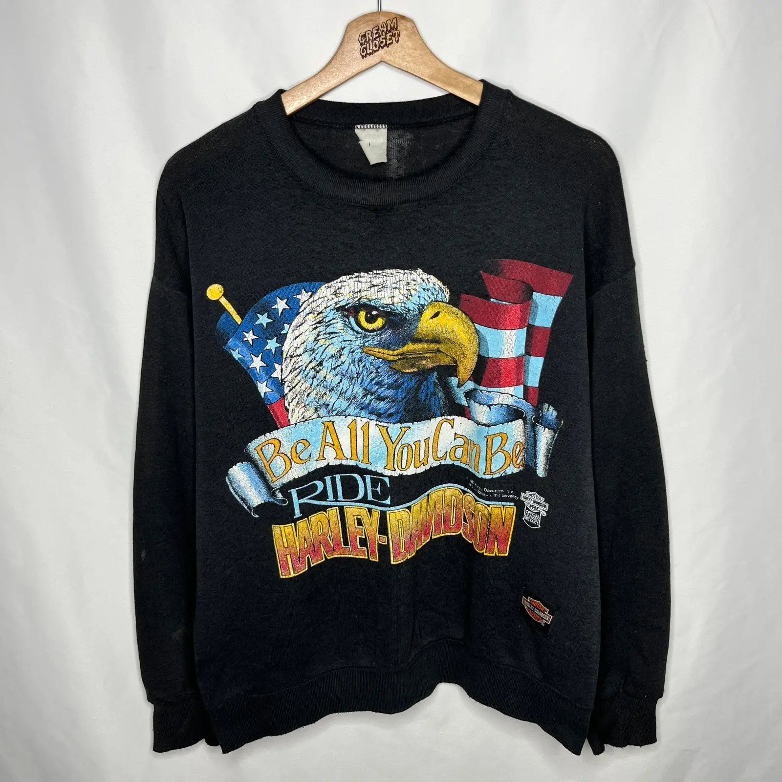 Harley Davidson x Vintage 90's 1987 Hd Be All You Can Be Eagle Usa Sweater L in Black (Size Large)