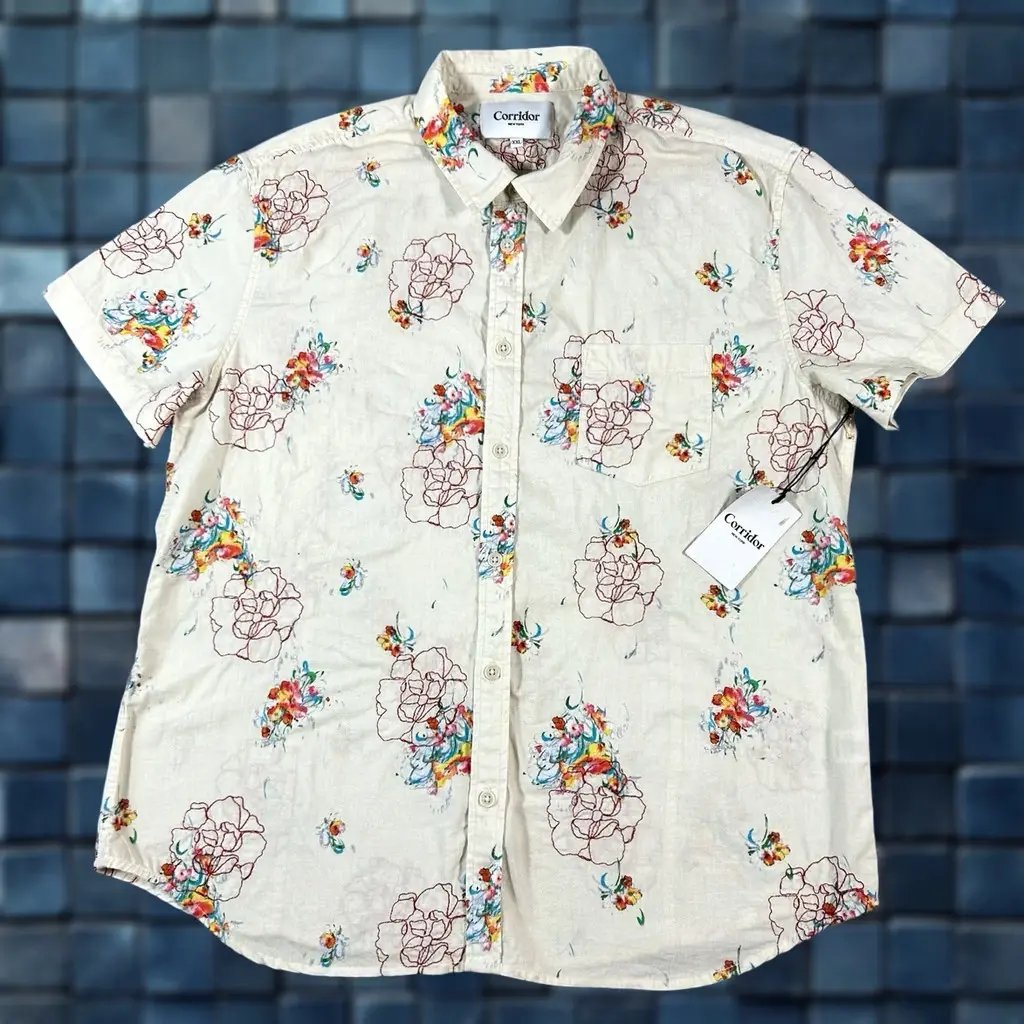 Corridor NYC Shirt Mens 2XL Natural Hawaiian Art Embroidered Bouquet, Men's (Size Xxl)