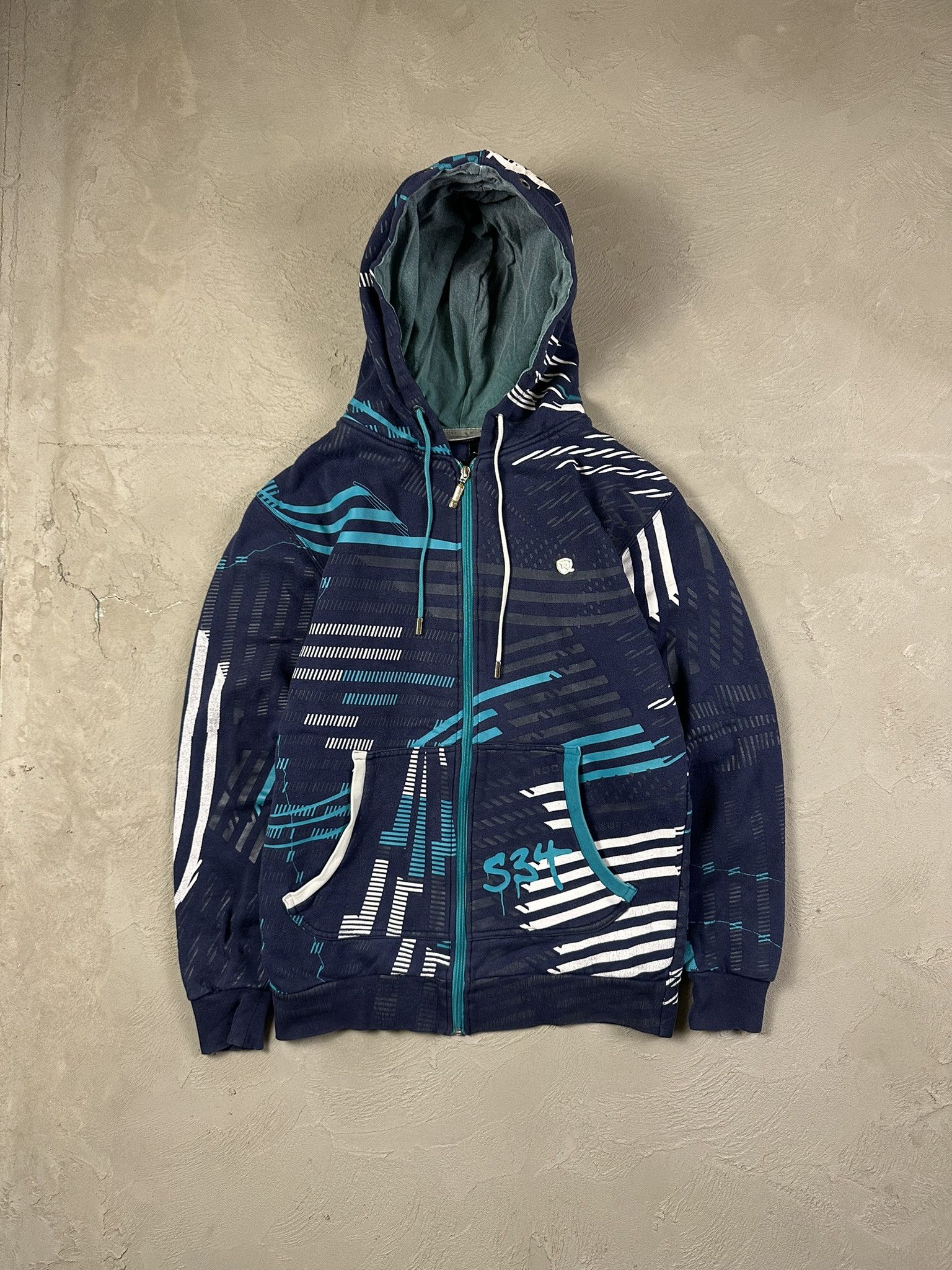 Vintage Crazy Y2K Rocawear Fullprint Hiphop Rap Zip Hoodie in Blue, Men's (Size Small)