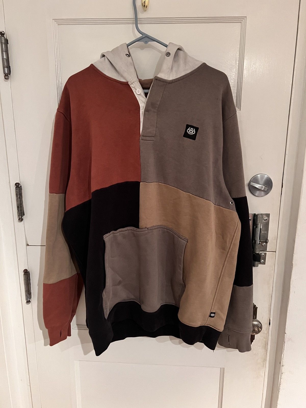 Beige Patchwork Hoodie By 686 in Brown, Men's (Size Large)