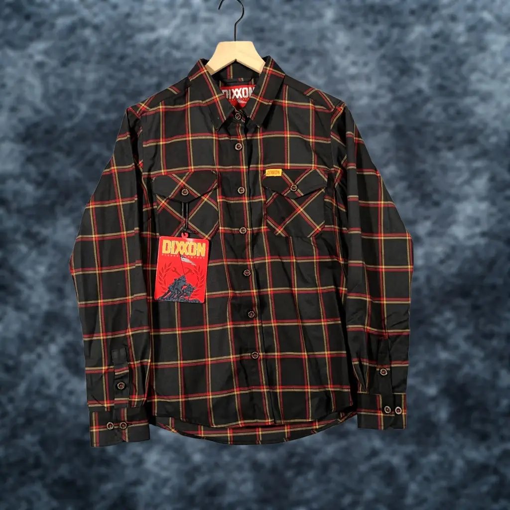 Dixxon Shirt Womens Medium Black Red Plaid Flannel Button Up First To Fight New, Women's