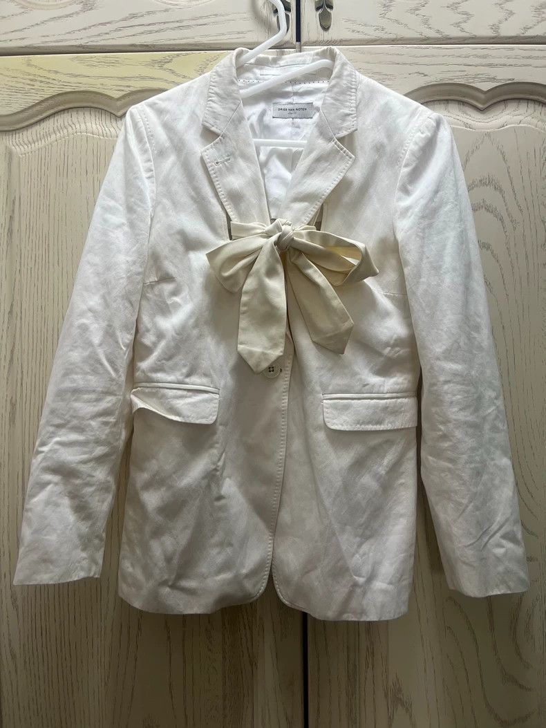 Dries Van Noten Casual Waist-Fitted Suit Jacket With Bow in White, Men's (Size Medium)