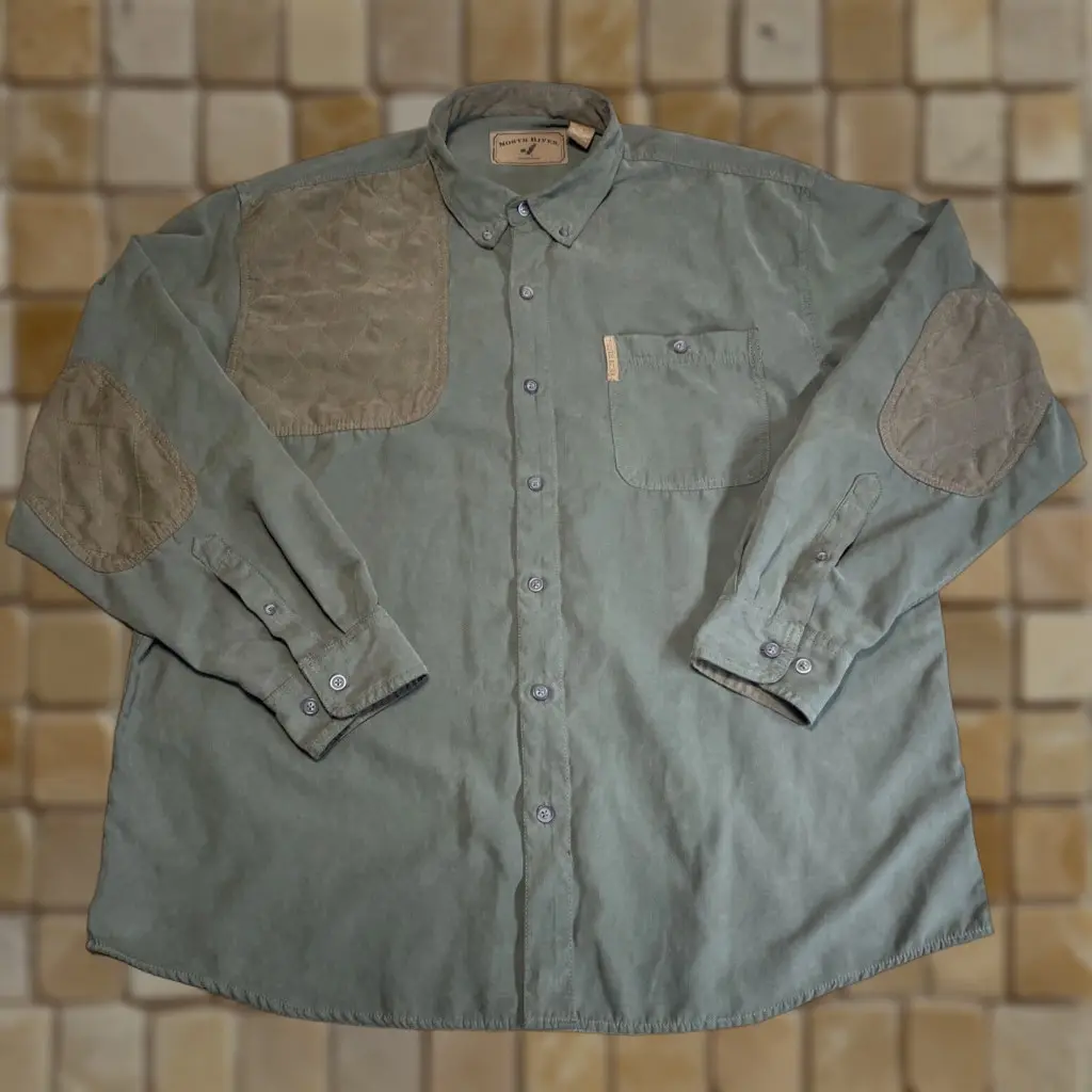 North River Outfitters Button-Up Shirt Mens XL Olive Green Long Sleeve Elbow Patches