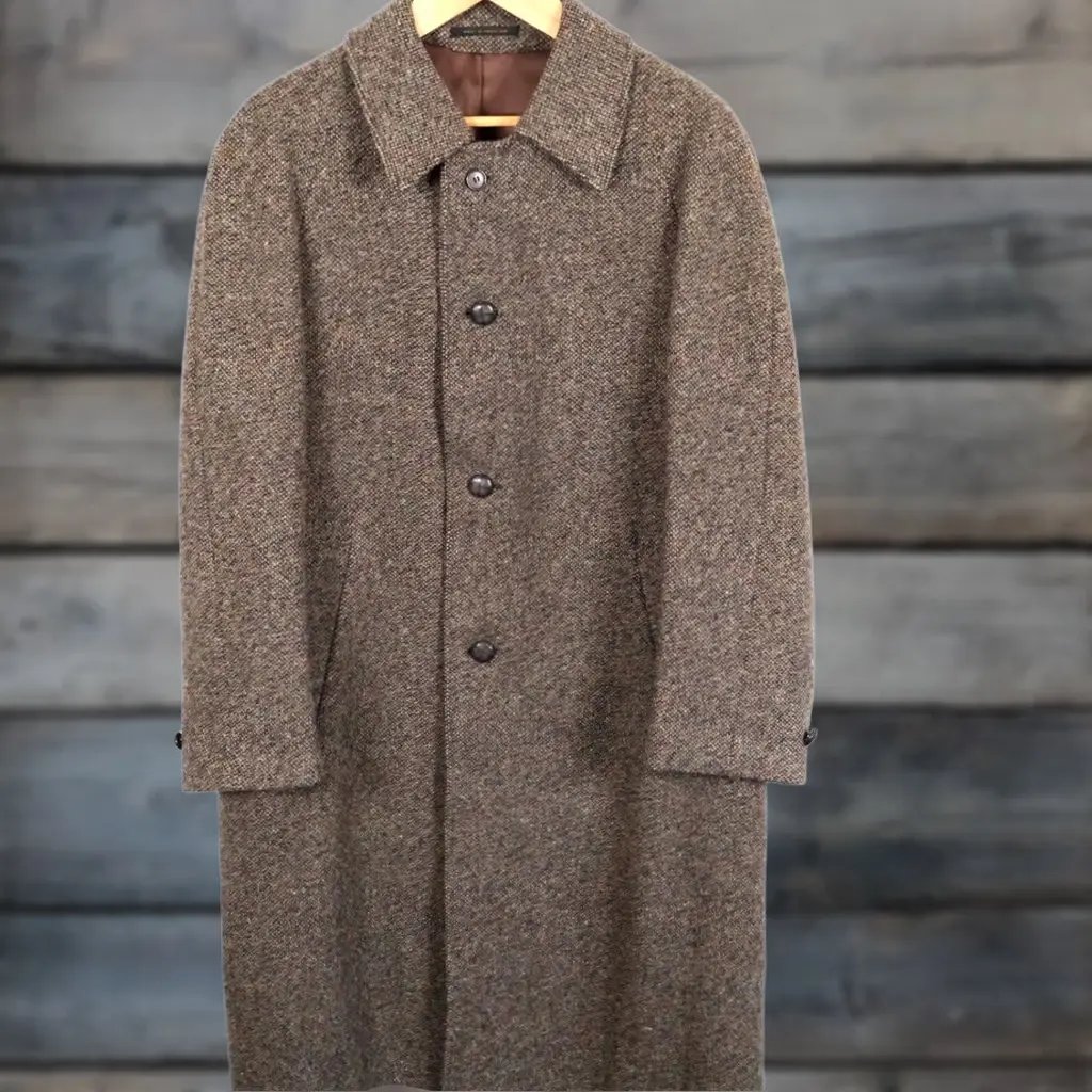Vintage Overcoat Men's 44 Brown Tweed 100% Pure New Wool Topcoat Raglan Sleeves 80s, Men's