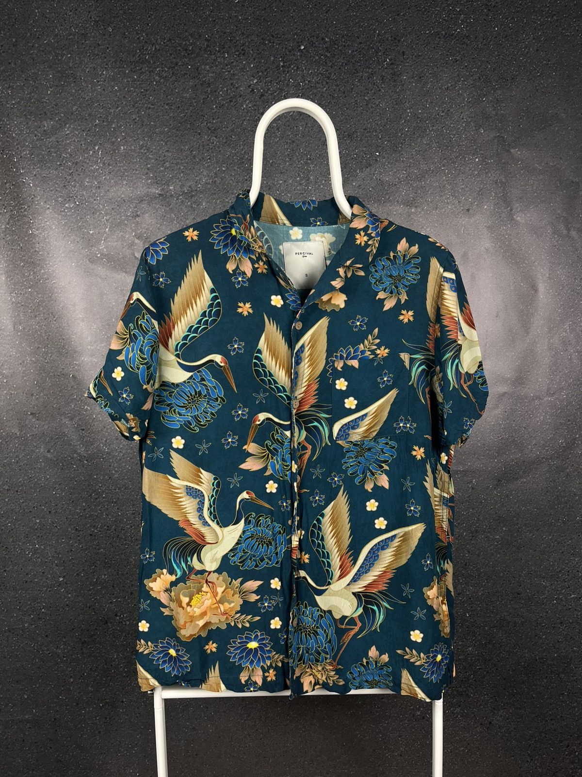 Percival Men’S Shirt Crane Button-Up Animal Luxury Tee in Blue, Men's (Size Small)