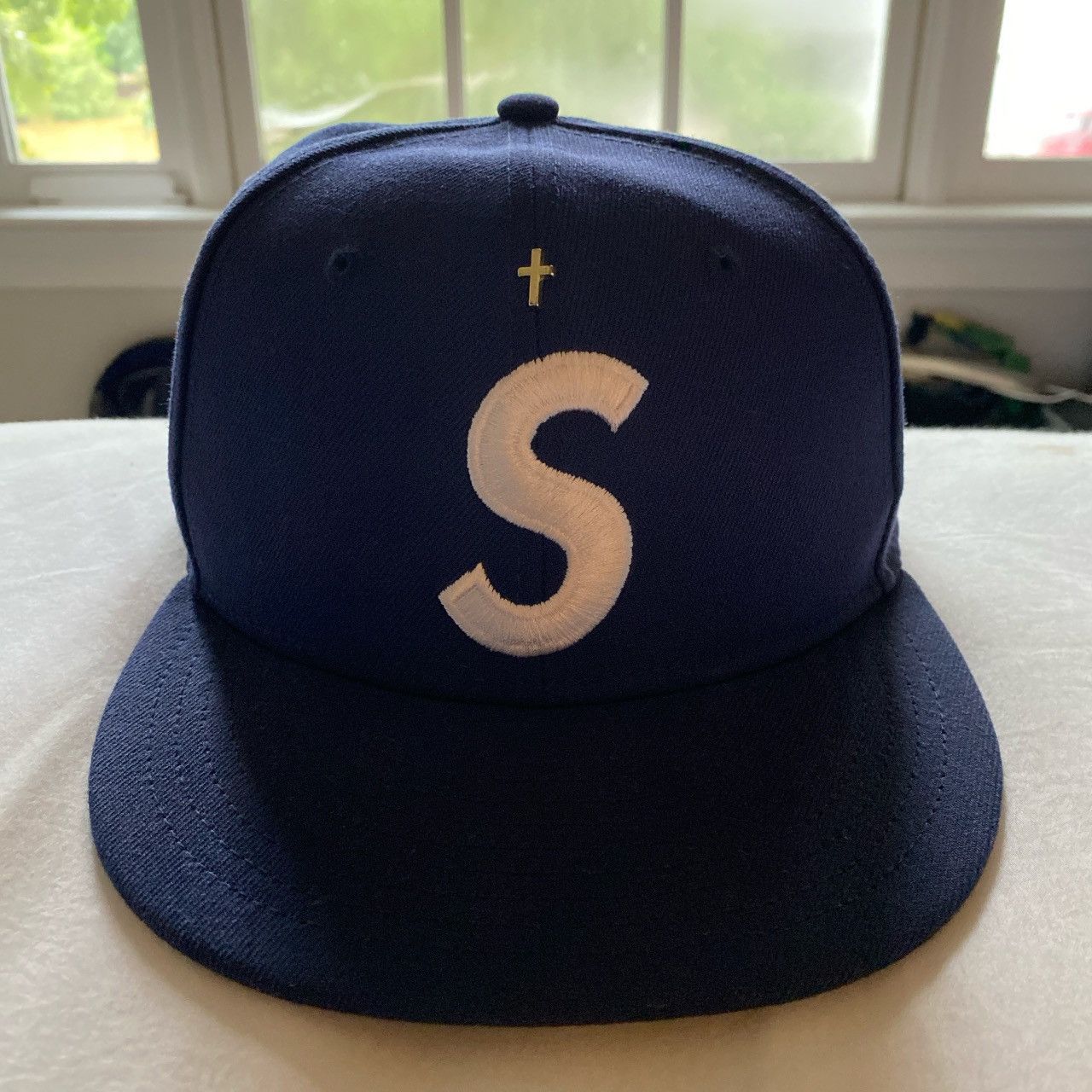 Gold Cross S Logo New Era Fitted Hat Light Navy in Blue, Men's