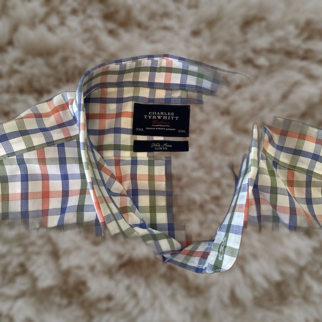 Vintage Charles Tyrwhitt Men's Dress Shirt Xxl Slim Fit Red Blue Plaid Long Sleeve Casual Business (Size 48R)