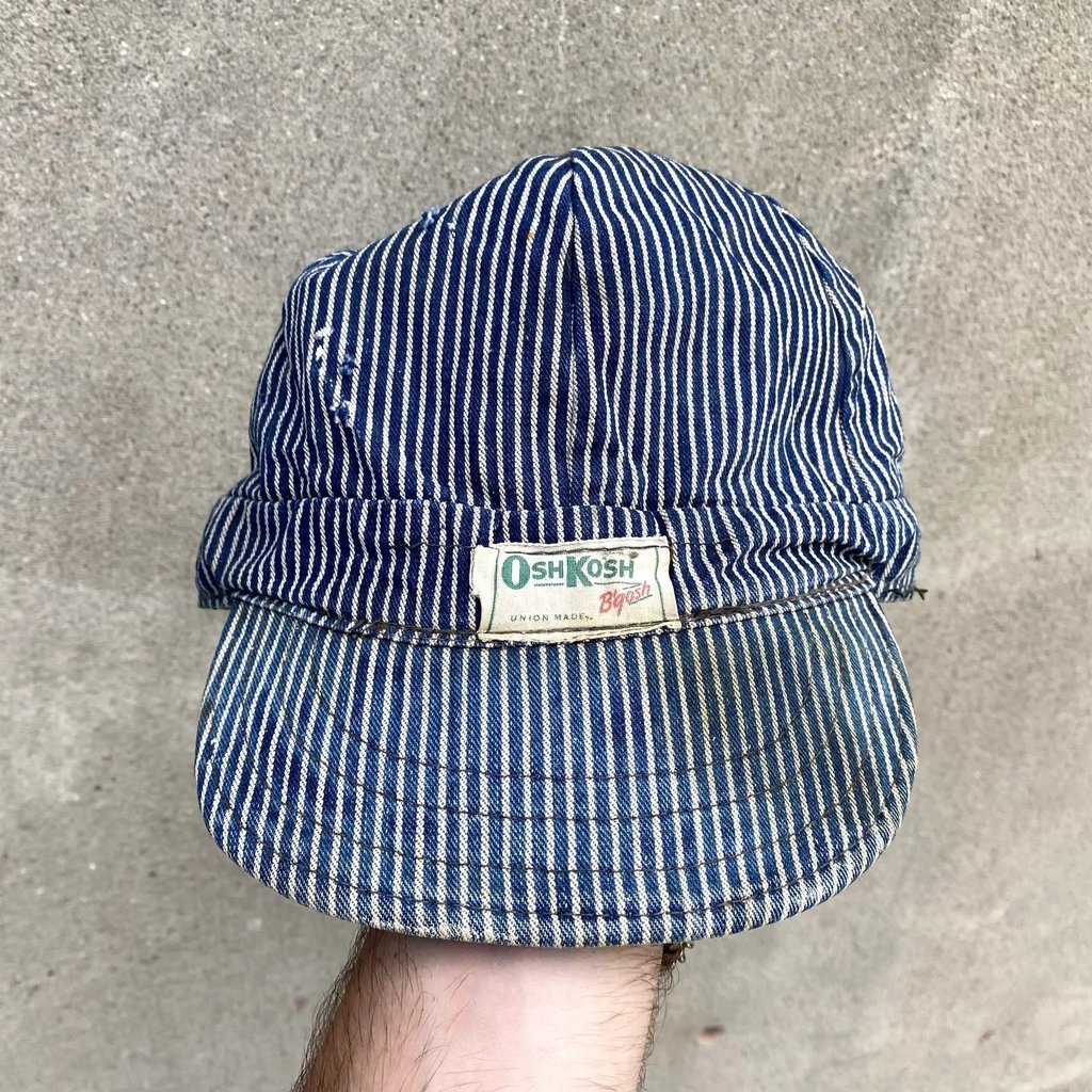 Vintage Oshkosh 50s Hickory Stripe Railroad Work Cap in Blue, Men's