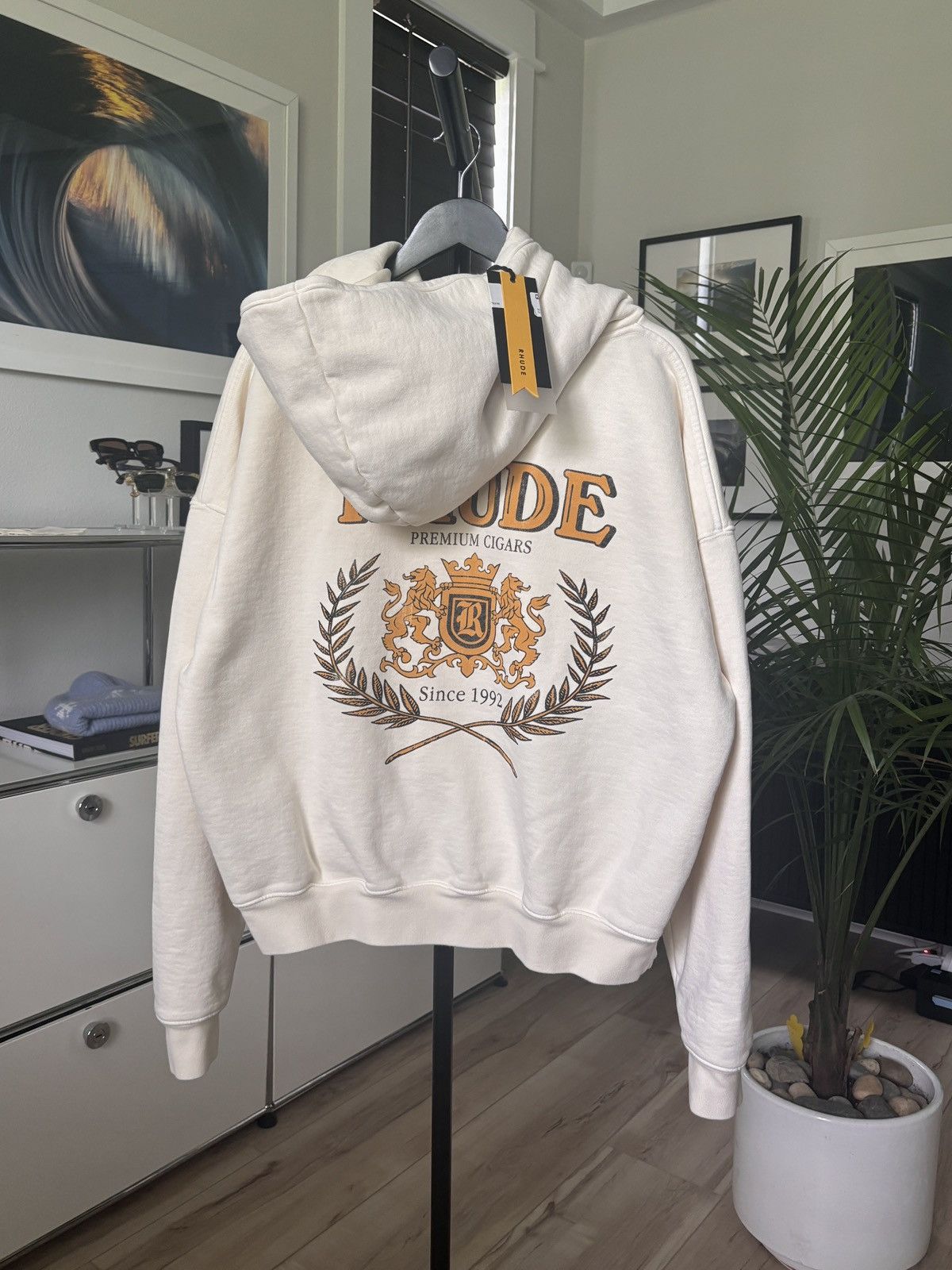 Rhude Cream Crest Cigar Logo Hoodie in White, Men's (Size Large)