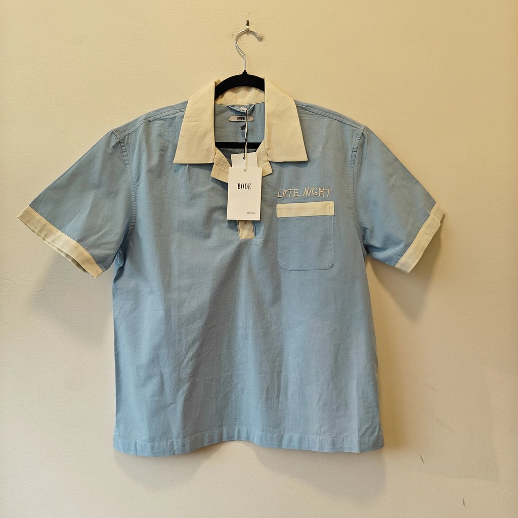 Short Sleeve Cuban Collar Poetry Shirt Size S/M $525 in Blue, Men's