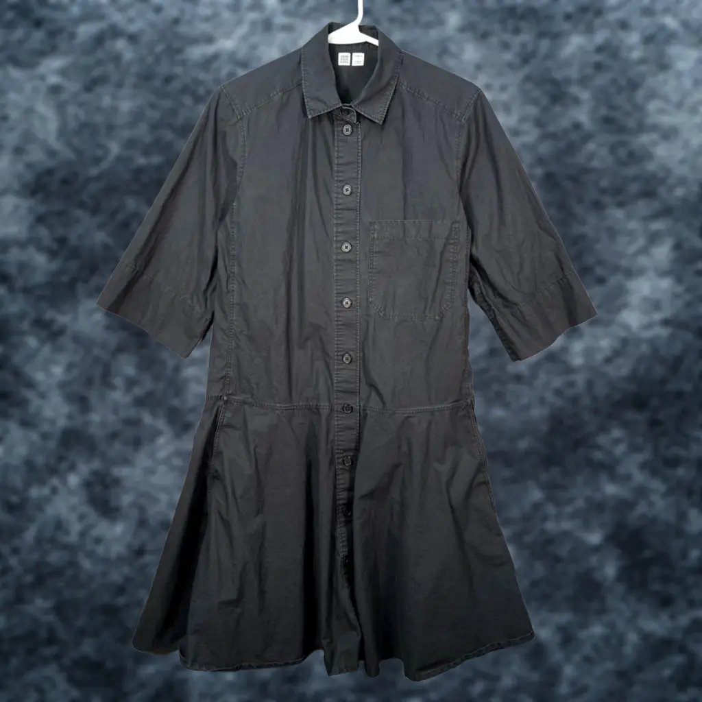 Uniqlo U Dress Womens Small Black Button-Down Shirt 3/4 Sleeve Flared Hem, Women's