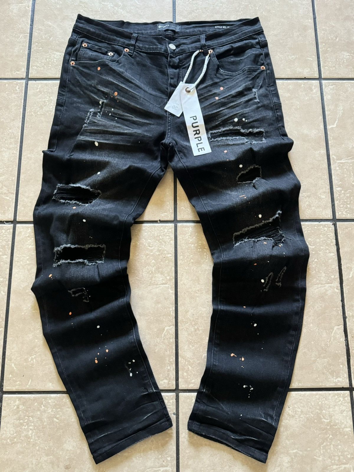 Black Purple Jeans Paint Splatter, Men's (Size 36)