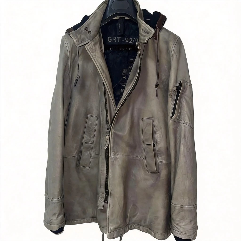 Gray Hooded Long Leather Jacket/, Men's (Size S)
