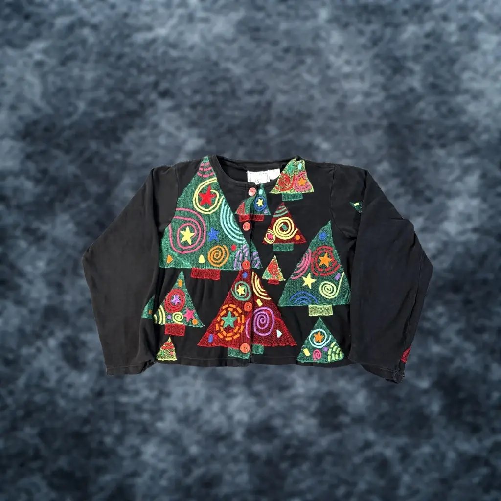 Michael Simon Lite Cardigan Sweater Women’s L Black Christmas Tree Embroidered Holiday Ugly Christmas Sweater Art To Wear, Women's