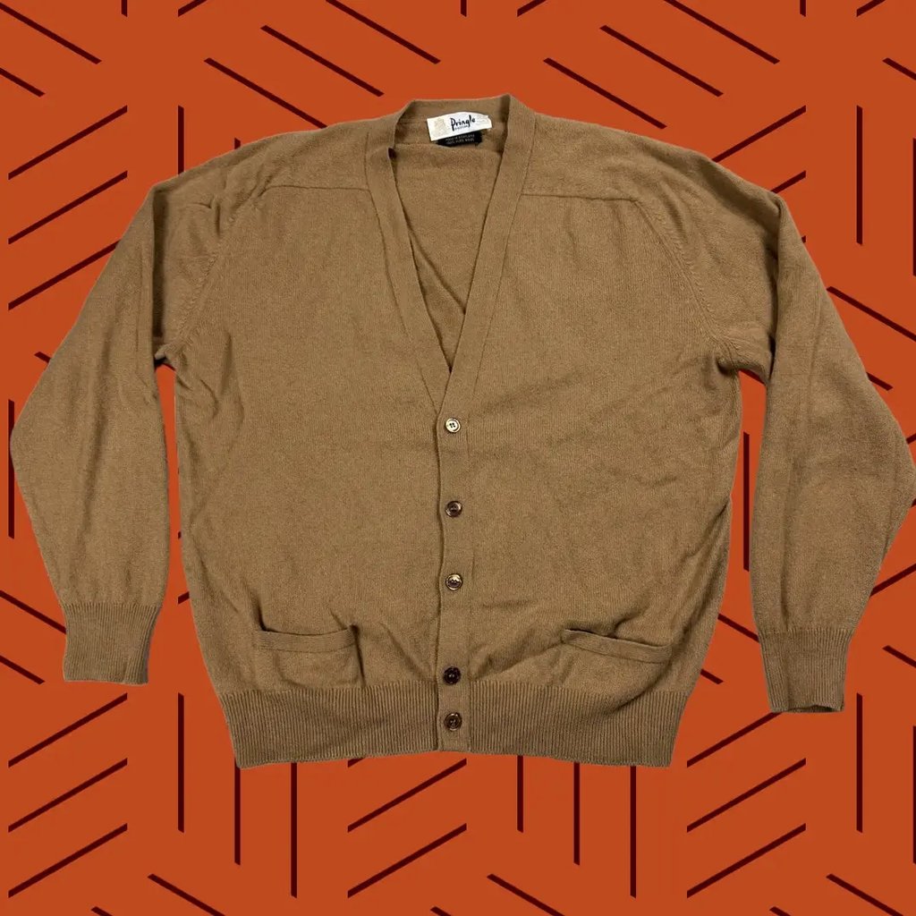 Vintage Pringle Of Scotland Sweater 1XL Brown Cardigan 100% Pure Wool 5-Button Sz 46 Mens, Men's