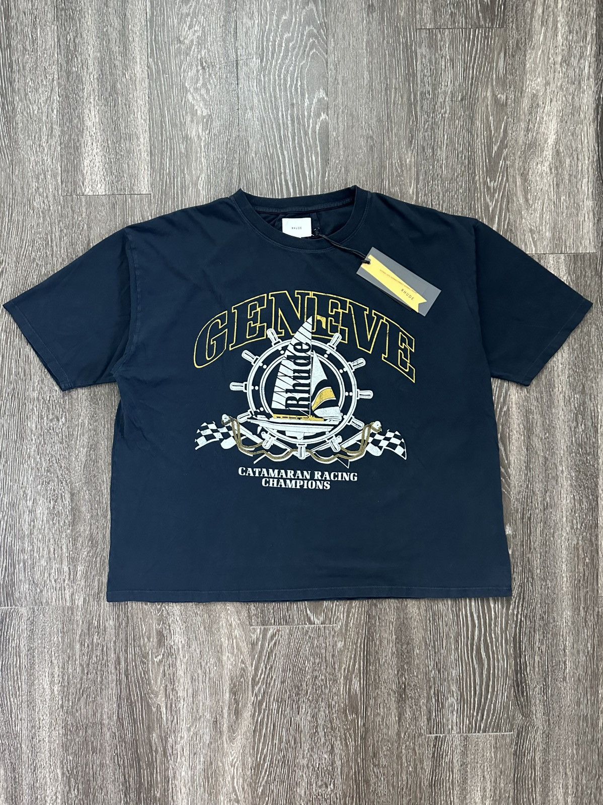 Rhude Geneve Catamaran Racing Vintage Black Tee Ss24, Men's (Size XL)