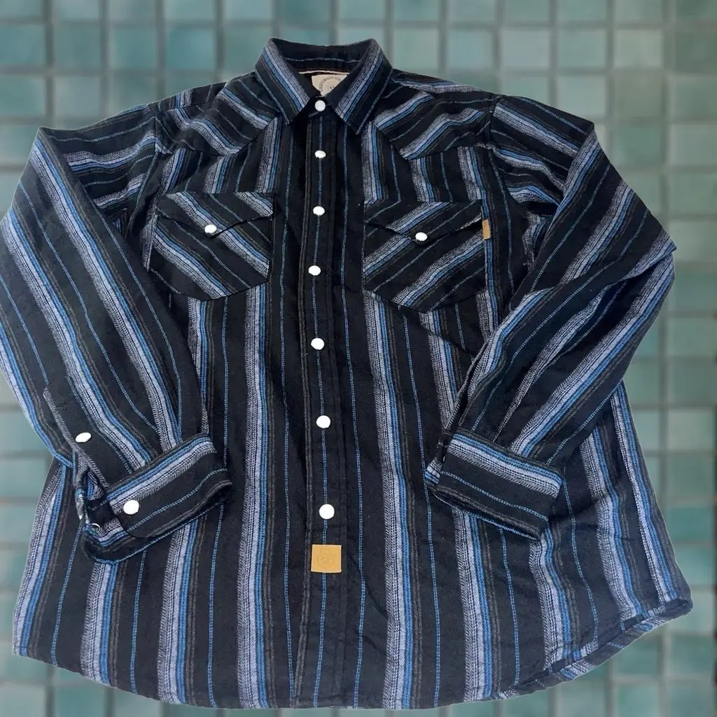 Dubinik Mens Western Snap Shirt S Black Blue Striped Long Sleeve Flannel Shirt, Men's