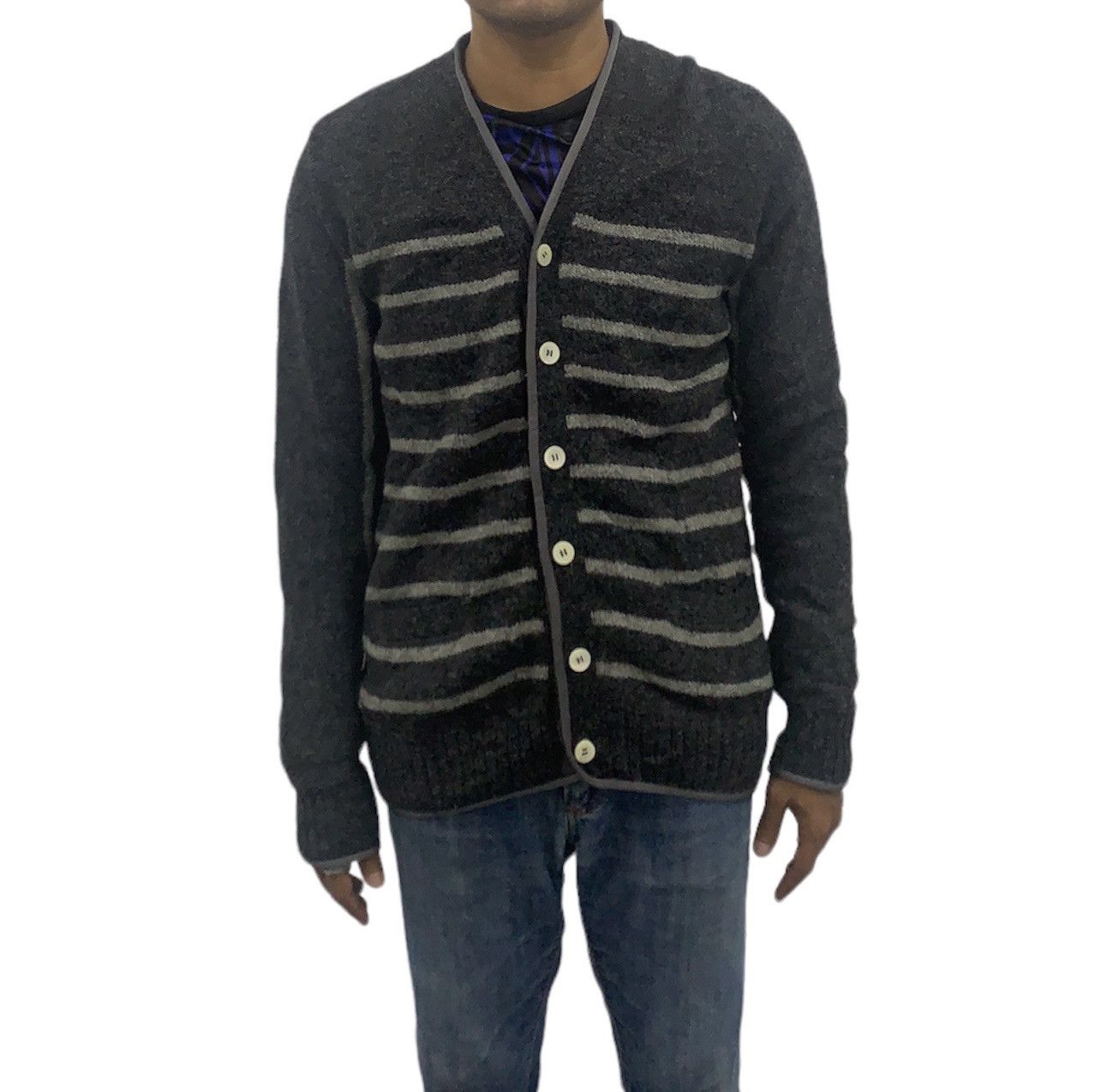 Sacai Wool Sweater Cardigan Knit Jacket Stripes Pattern in Grey, Men's (Size Medium)