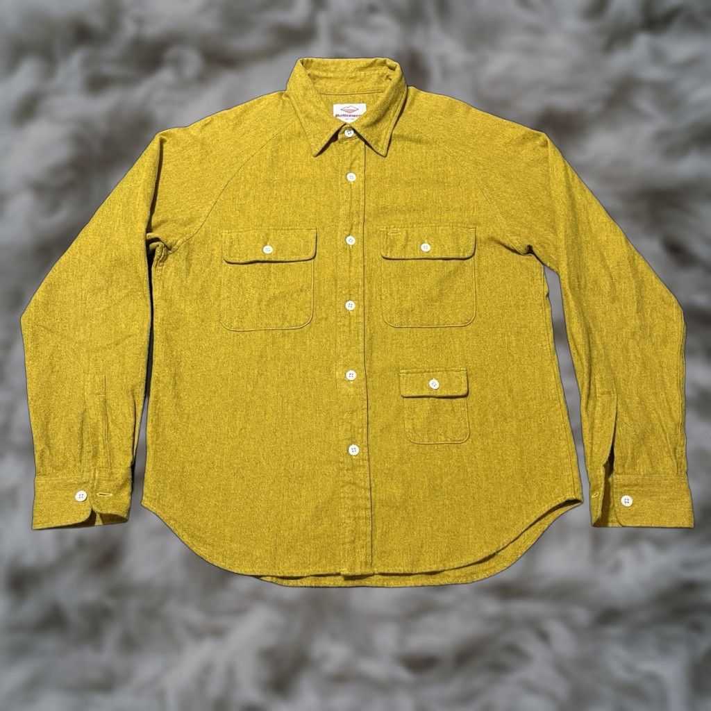 Vintage Battenwear Men's Button-Up Shirt Long Sleeve Chambray Yellow Colorblock Cotton Casual 90's (Size Medium)