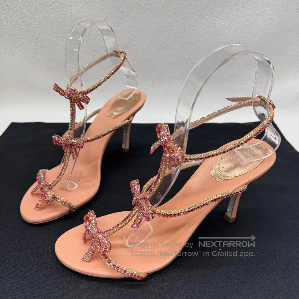 Rene Caovilla High Heels, Rhinestone Bow, High-Heeled Sand, Women's (Size 7.5)