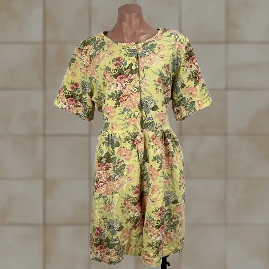 Vintage New Look Dress Womens 1XL Yellow Floral Cottagecore Puffy Sleeves V-Waist Button Pleated 80s, Women's