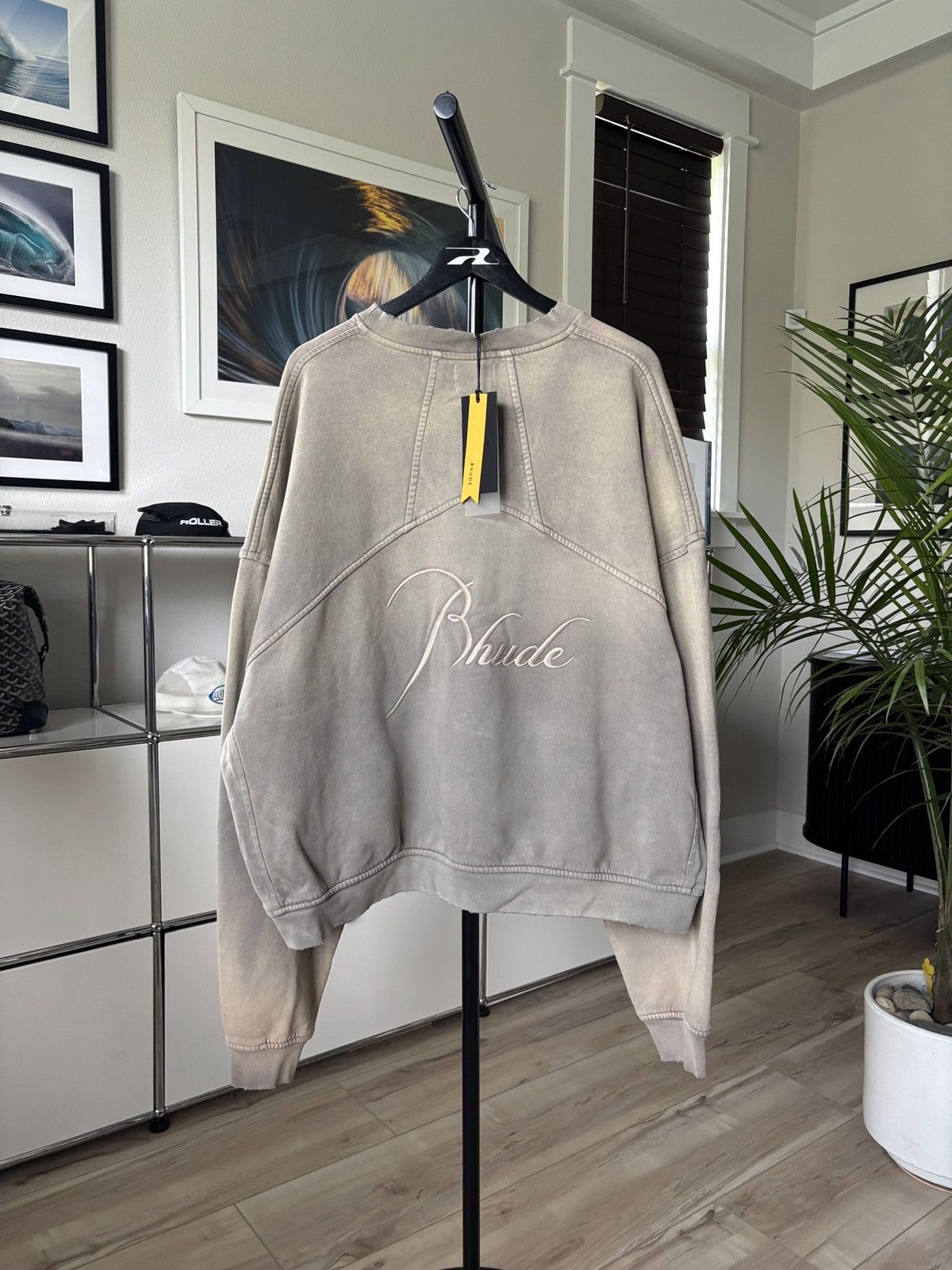 Rhude Sun Faded Washed Distressed Logo Crewneck in Green, Men's (Size XL)