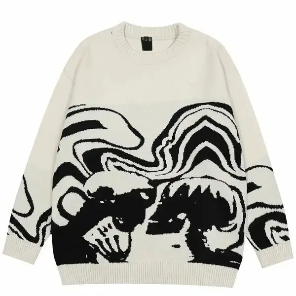 Vibe New Waved Distorted Black Waves Knitted Unisex Sweater, Men's (Size Large)