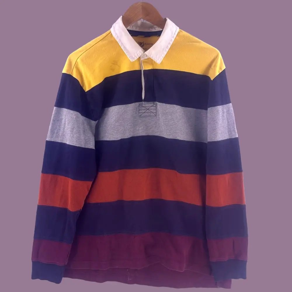Club Room Shirt Large Yellow Navy Striped Long Sleeve Polo Rugby Y2K Cotton Mens, Men's