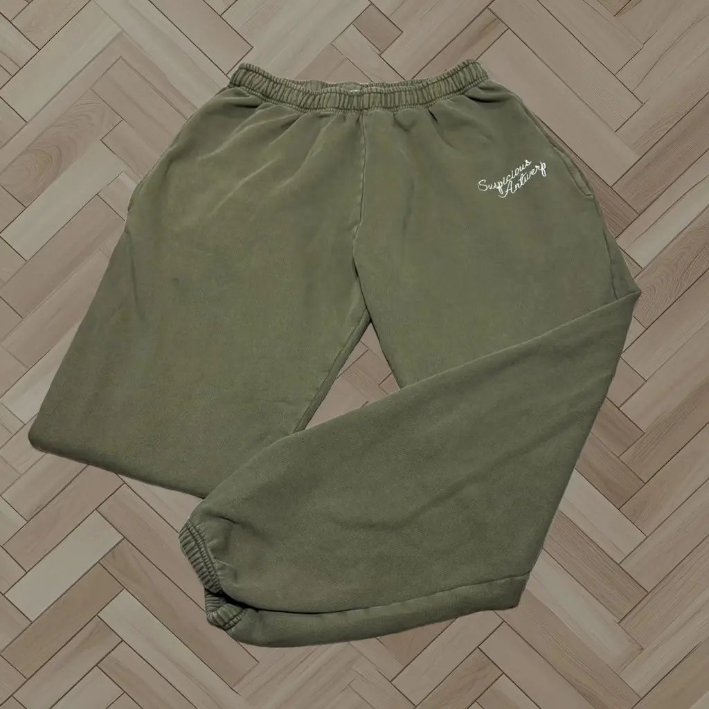 Suspicious Antwerp Sweatpants Men 1XL Olive Green Script Logo Joggers Streetwear in Brown, Men's (Size 35)