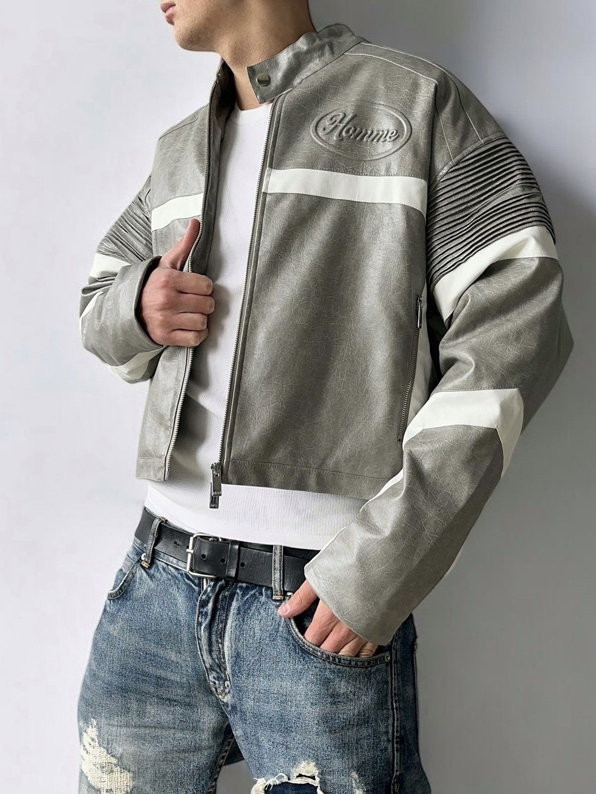 Boohoo Man Boxy Vintage Biker Panel Moto Jacket Faux Leather in Grey, Men's (Size Medium)