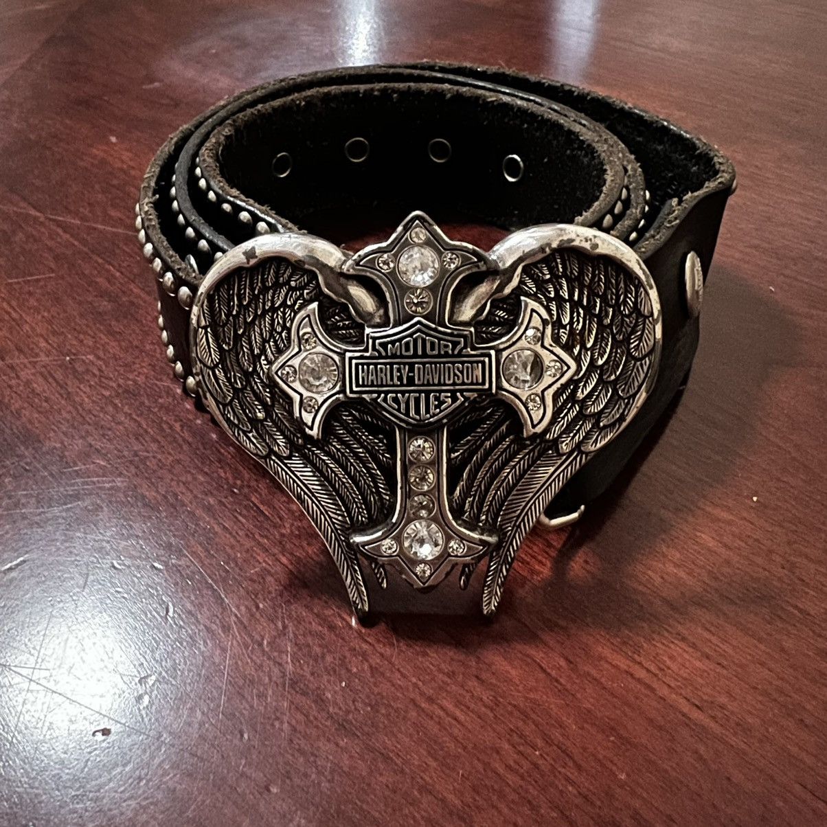 Harley Davidson, Angel Buckle Rhinestone Belt, Distressed in Black, Men's (Size 34)